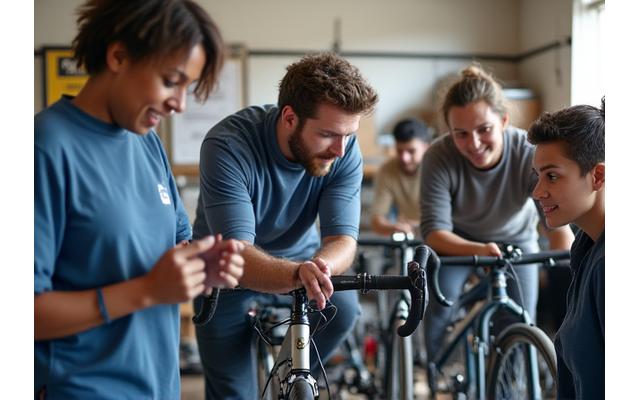 A diverse group of people learning bike maintenance from an instructor in a hands-on workshop setting.