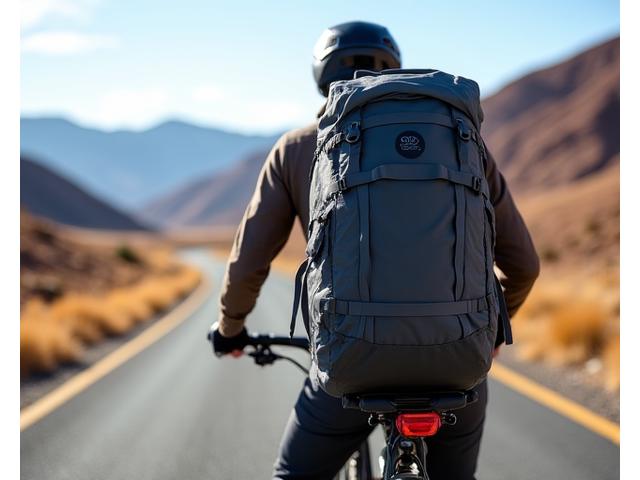 Epic Rides Expedition 55L Backpack, a large capacity, rugged backpack in dark gray, seen packed for a long journey on a bicycle rack