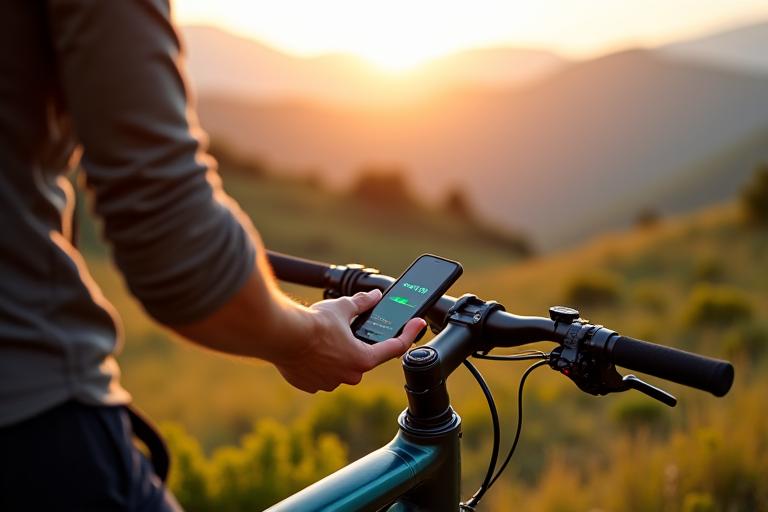 Cyclist actively managing battery charge on an e-bike, featuring a compact portable power bank