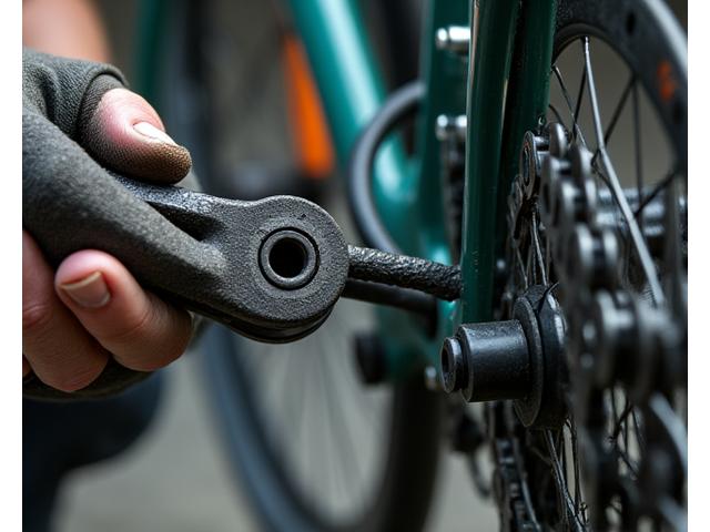 Hands working on a bicycle chain with a chain tool, with spare links nearby.