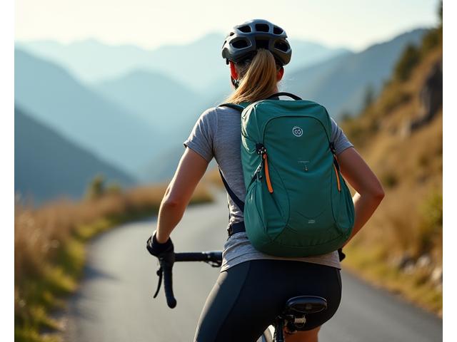 Female cyclist wearing a well-fitted touring backpack, showing proper weight distribution on a scenic trail.